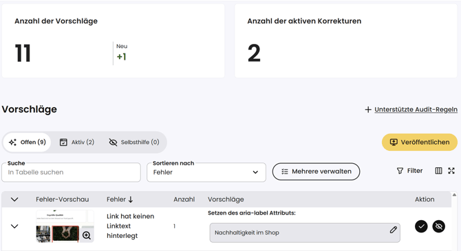 Access im Dashboard: „Offen“ mit Fehlern und Lösungsvorschlägen. "Aktiv" mit akzeptierten Lösungen. "Selbsthilfe" mit selbst gelösten Fehlern.