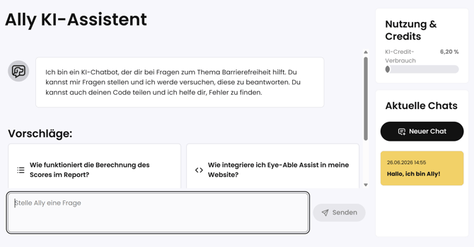 Stelle Ally eine Frage im Chat oder wähle einen Fragen-Vorschlag aus.