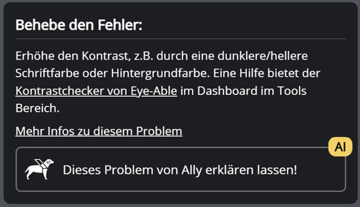 Ally erklärt Fehlerbehebung. Verlinkungen zu weiteren Infos und in Chatbot-Funktion