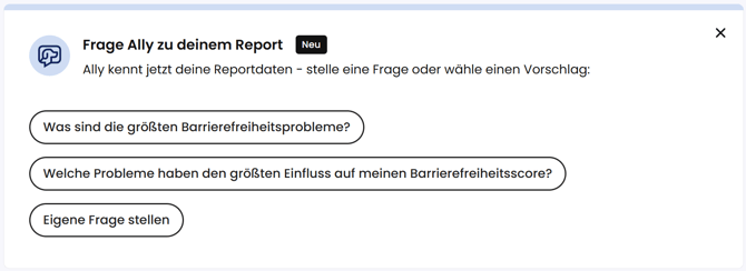 Ally unterstützt die Report-Analyse: Eigene Frage stellen oder fertige Frage auswählen.