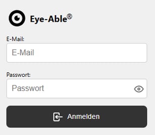 Eye-Able Logo, Eingabefelder für E-Mail und Passwort, Anmelden Button mit Icon