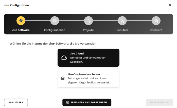 Konfiguration mit Jira zu der man gelangt, wenn man auf "mit Jira verbinden" klickt