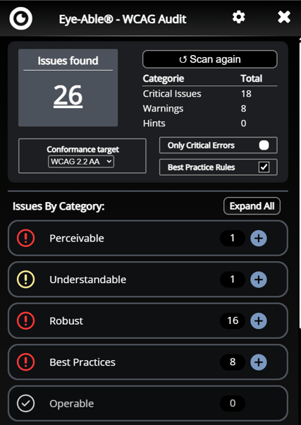 Example view of the Eye-Able Audit Toolbar with 26 errors found regarding WCAG 2.2.
