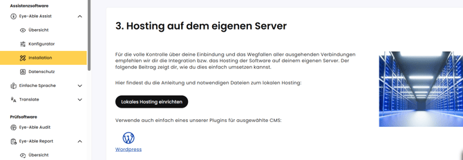 Dashhboard Bereich "Eye-Able Assist" - "Installation" - "3. Hosting auf dem eigenen Server", mit dem Button "Lokales Hosting einrichten"