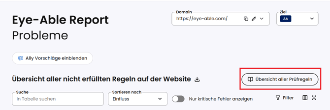 Unterseite des Dashbaords "Eye-Able Report - Probleme" mit dem Button "Übersicht aller Prüfregeln"