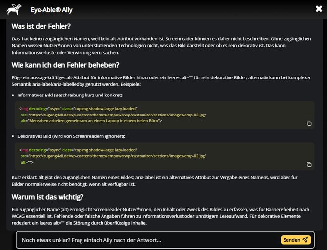 Beispielhaftes Bild, wie Ally Audit Probleme erklärt und Lösungsvorschläge generiert.