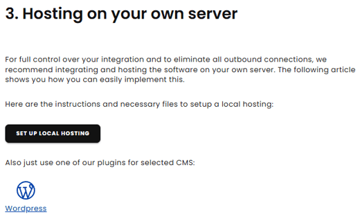 Screenshots of the “Hosting on Your Own Server” section of the dashboard.