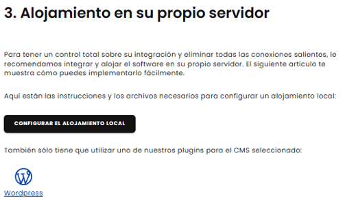 Captura de pantalla de la sección "Alojamiento en su propio servidor" del panel de control.