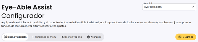 Captura de pantalla del configurador de Eye-Able Assist con la pestaña Diseño y posición