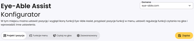 Zrzut ekranu z konfiguratora Eye-Able Assist z zakładką Projekt i pozycja