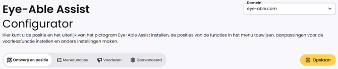 Screenshot van de Eye-Able Assist-configurator met het tabblad Ontwerp en positie