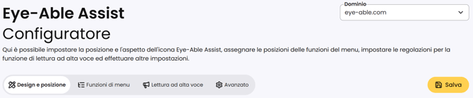 Screenshot del configuratore di Eye-Able Assist con la scheda Design e posizione