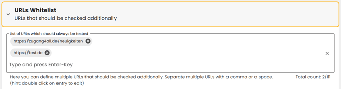 Dashboard Section "URLs Whitelist" showing all the URLs that should be checked additionally