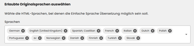 Screenshot des Eye-Able Dashboards Menüs welches die Liste der Sprachen in Eye-Able Einfache Sprache zeigt.