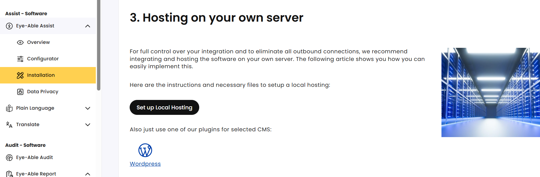 Dashboard section ‘Eye-Able Assist’ – “Installation” – ‘3. Hosting on your own server’, with the ‘Set up local hosting’ button