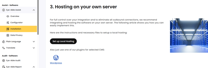 Dashboard section ‘Eye-Able Assist’ – “Installation” – ‘3. Hosting on your own server’, with the ‘Set up local hosting’ button