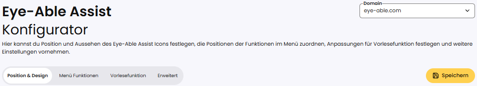 Screenshot des Eye-Able Assist Konfigurators mit dem Tab Position & Design