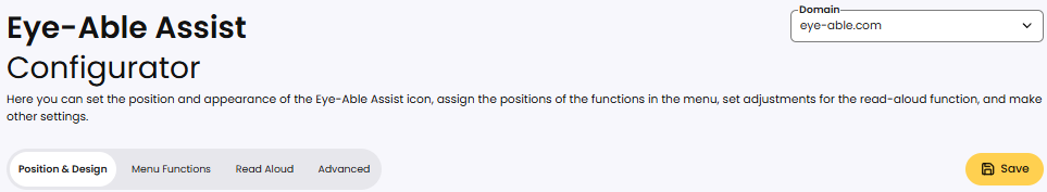 Screenshot of the Eye-Able Assist configurator showing the Position & Design tab