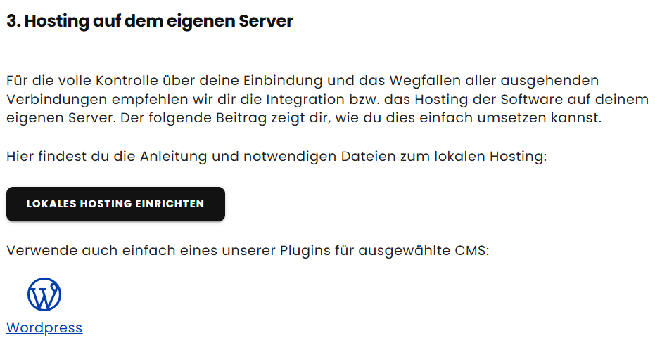 Screenshots des Dashboard-Abschnitt "Hosting auf dem eigenen Server". 