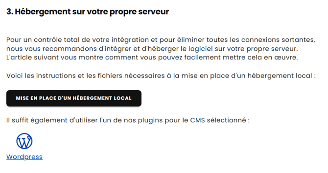 Captures d'écran de la section « Hébergement sur votre propre serveur » du Dashboard. 