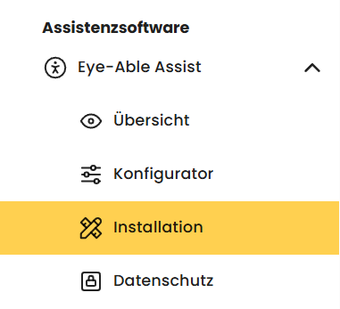 Die Menüleiste der Assistenzsoftware in Dashboard. Ausgewählt und farbig hinterlegt "Installation"