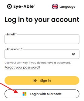 Eye-Able Dashboard login screen with a link to sign in with Microsoft