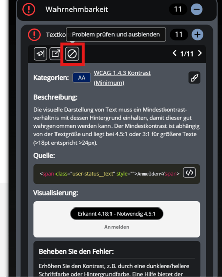 Eye-Able-Audit-Fehlervorschau mit Fokus auf den „Ausblenden“-Knopf.
