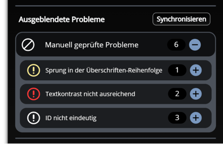 Vorschau des Bereichs „Ausgeblendete Probleme“ in der Audit-Toolbar