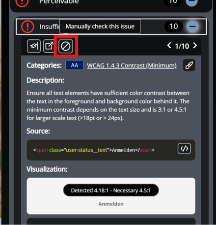 Eye-Able Audit error preview focusing on the "Hide" button.