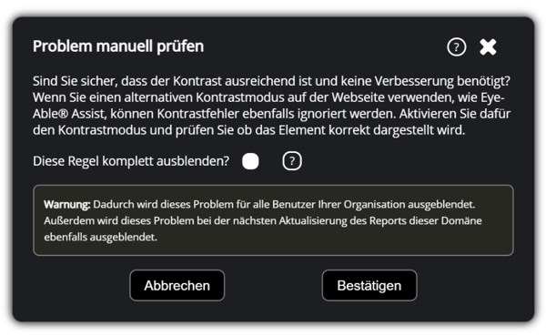 Problem ausblenden, Pop-up-Vorschau