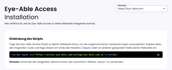 Access-Installation: Domain wählen, um den Header-Installationscode zu erhalten.